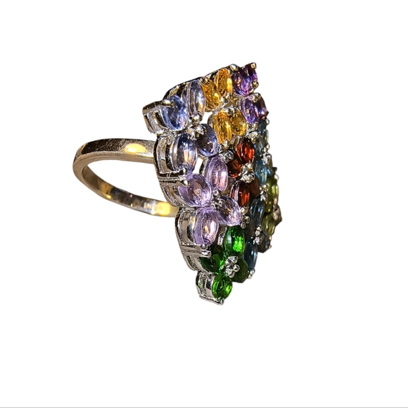 Multi Gemstone & Sterling Silver Large Cocktail Ring Size 8 - Picture 2 of 14